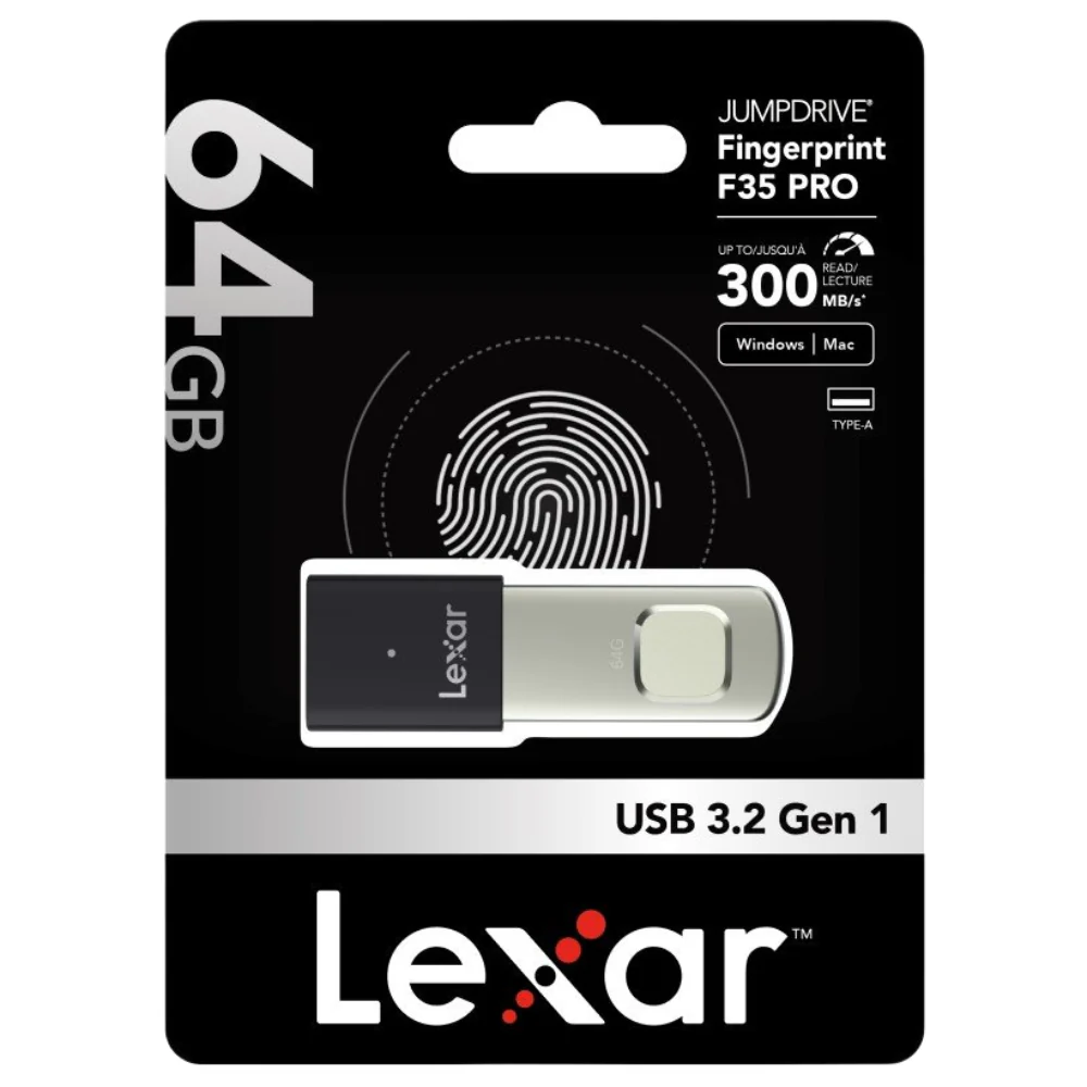 Lexar JumpDrive Fingerprint F35 PRO 64GB USB 3.2 Gen 1, Up To 300MB/S Read, 150MB/S Write